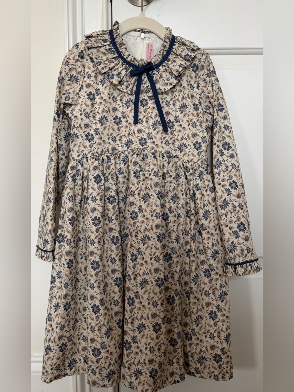 Girls Beige Floral Dress with Navy Trim